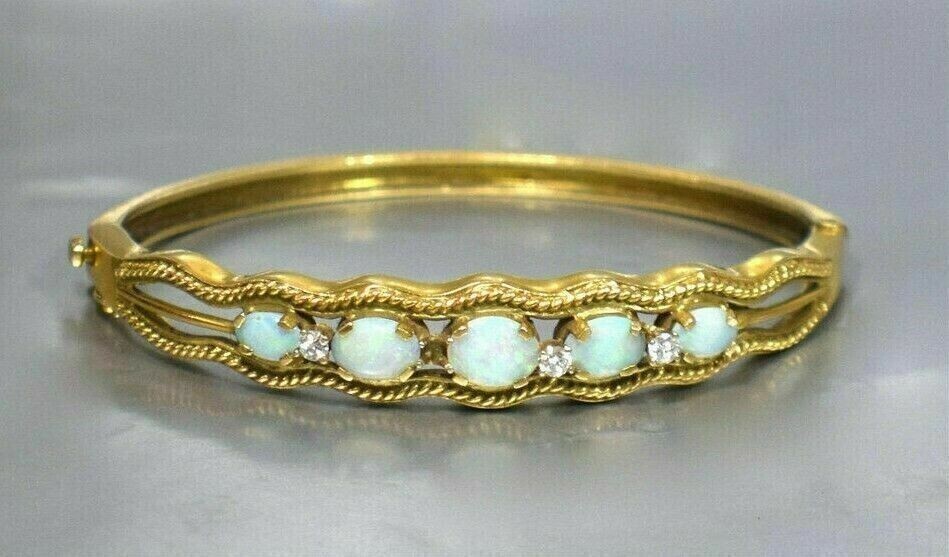4Ct Oval Lab Created Fire Opal Diamond Bangle Bracelet 14K Yellow Gold Finish