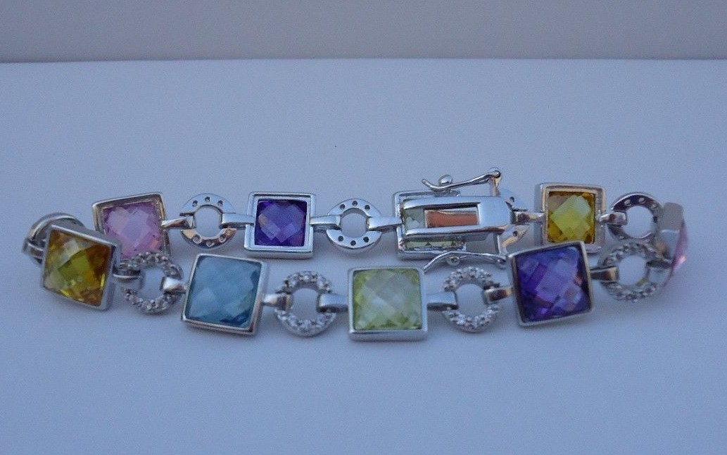 STERLING SILVER BRACELET 28ct MULTI-COLOR GEMSTONES/ LAB CREATED DIAMOND/ 7.5”