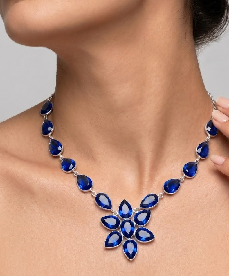 925 Sterling Silver Blue Tanzanite Gemstone Handmade Jewelry Necklace Size-18″