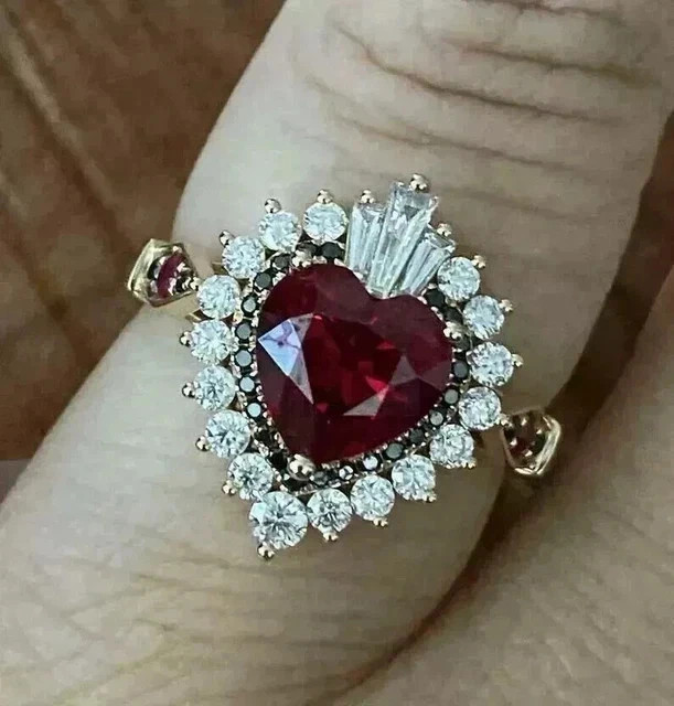 Art Deco Style Heart Garnet Lab Created Diamond Wedding 14K Yellow Gold FN Ring