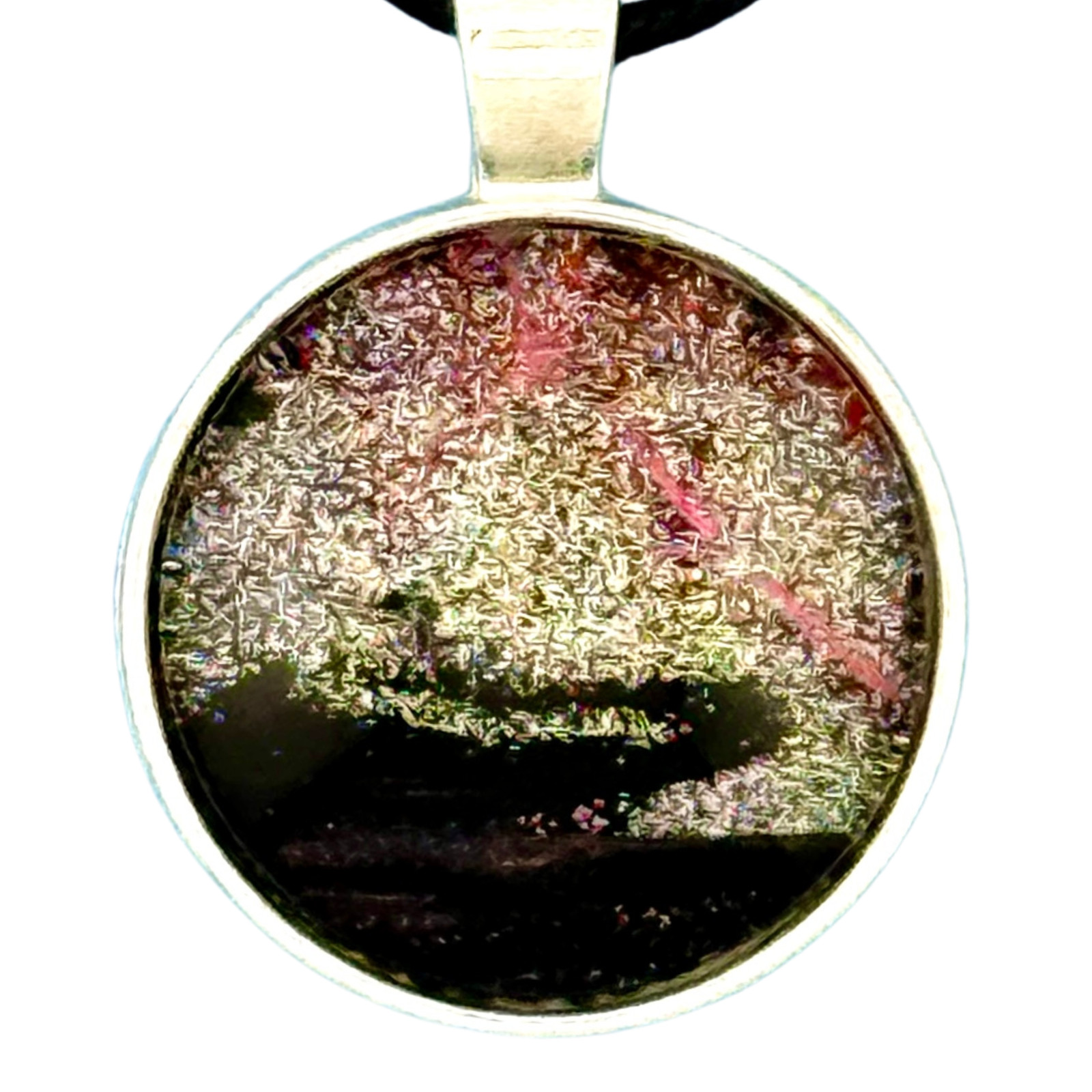 Pendant Necklace Handmade “Shimmering Sky” Silver Bezel 25mm Black Cord