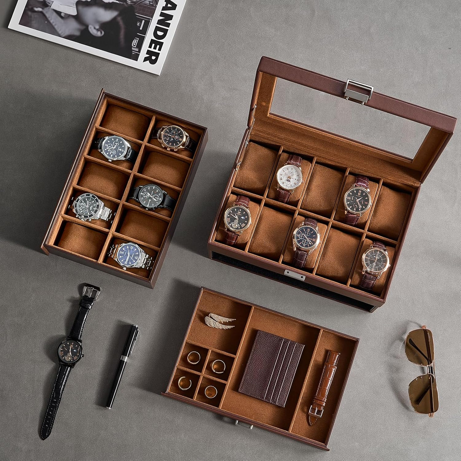 3 Layer Watch Storage Box with Glass Lid for Men 20 Slot Brown PU Velvet