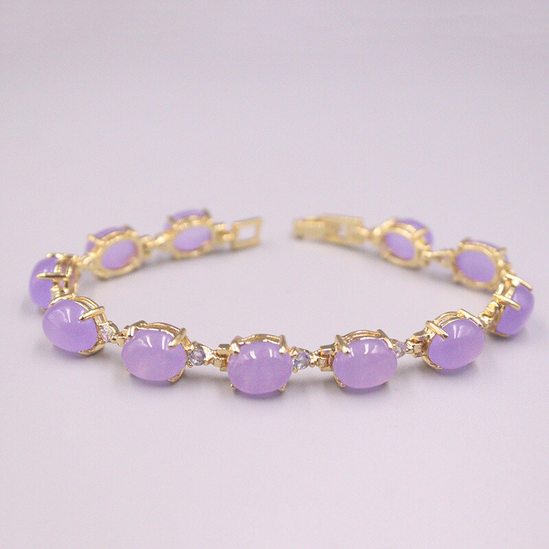Natural Purple Jade Bracelet For Women Gemstone Gold Plated Bracelet 7.2”L