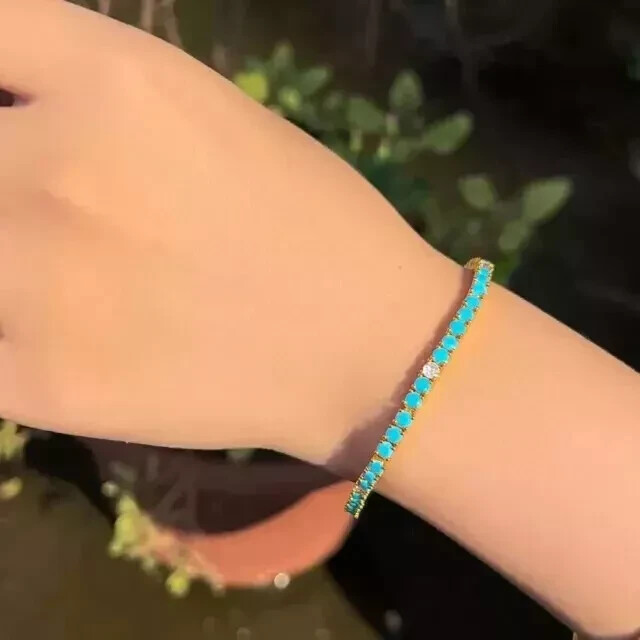 Tennis Bracelet 3mm Round Lab-Created Blue Turquoise and Diamond 14K Gold Plated