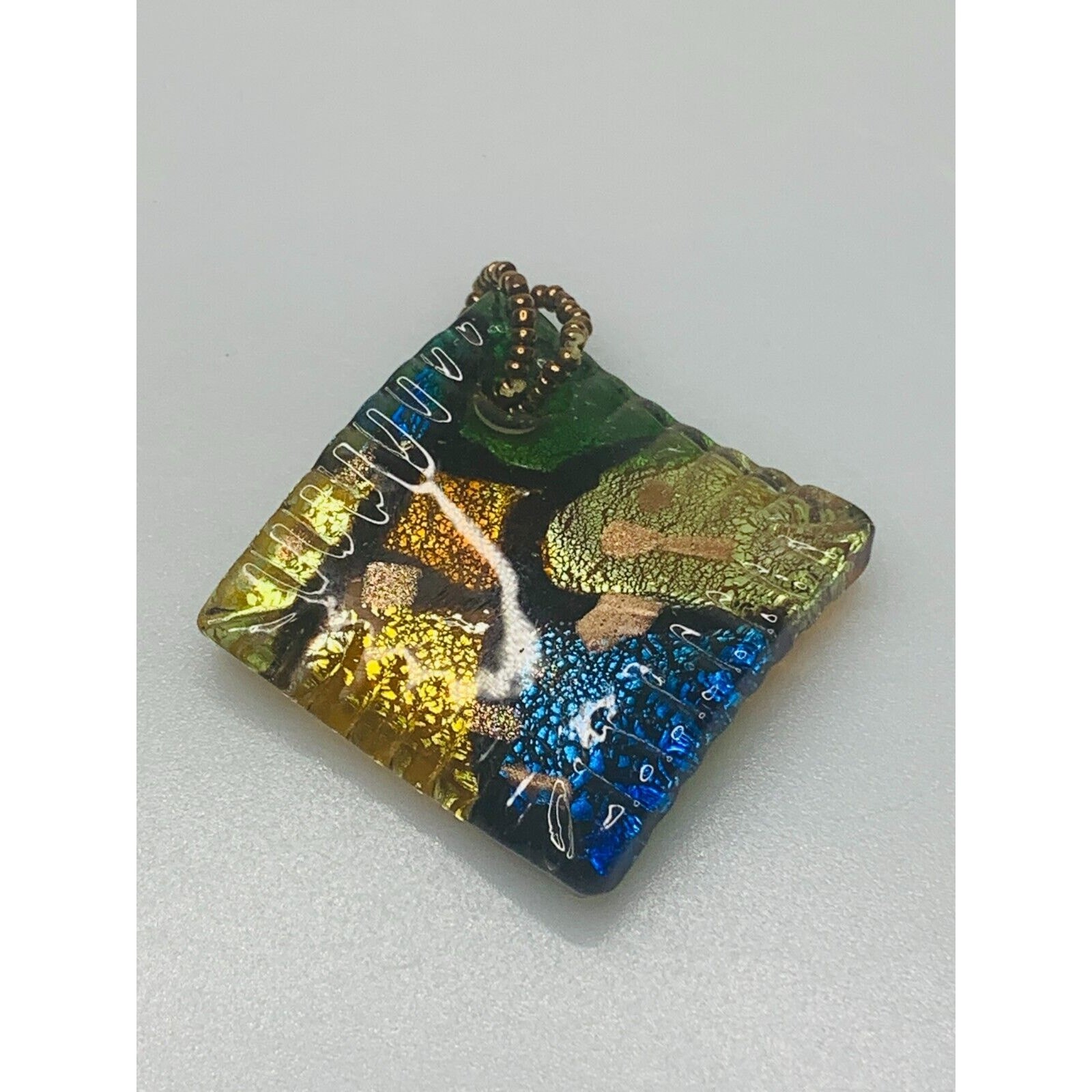 Blue, Green & Gold Glass Pendant, Diamond Shape, 1.5″