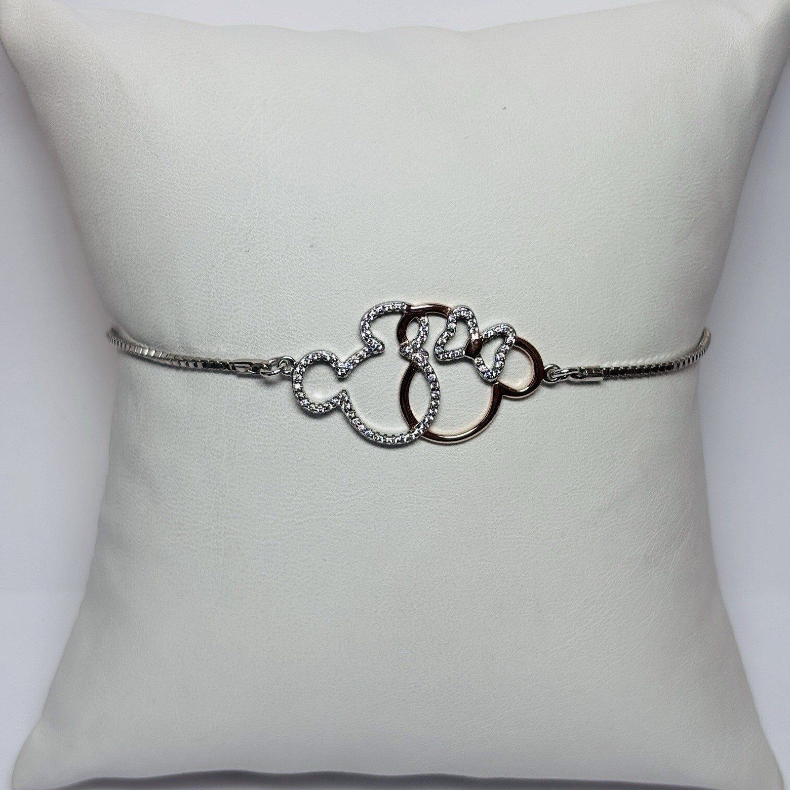 Disney Sterling Silver Mickey and Minnie Icon CZ Bolo Bracelet 7-9 in -.16
