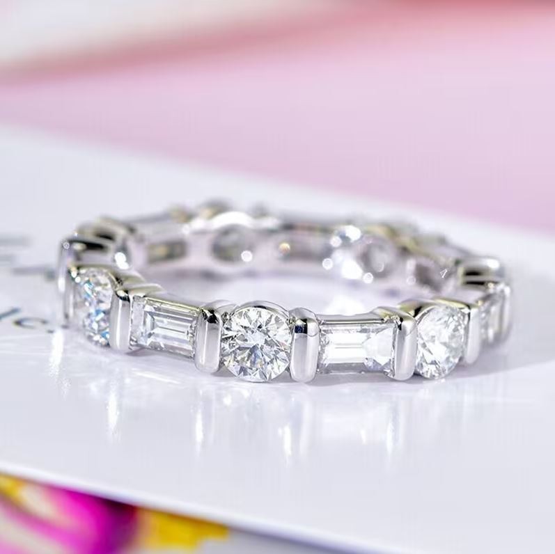 Full Eternity Moissanite Band Ring Round & Baguette 14K Yellow Gold Wedding Band