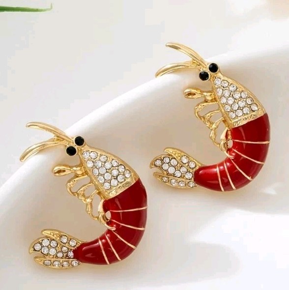 Super Cute Shrimp Stud Earrings, Rinestone Embellished Goldtone, Red Enamel