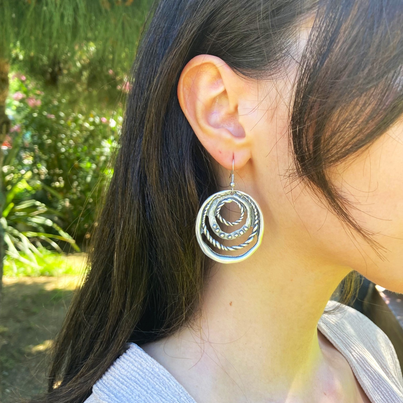 Ancient Silver Labyrinth Hoop Dangle Earrings Boho Tribal Concentric Circles