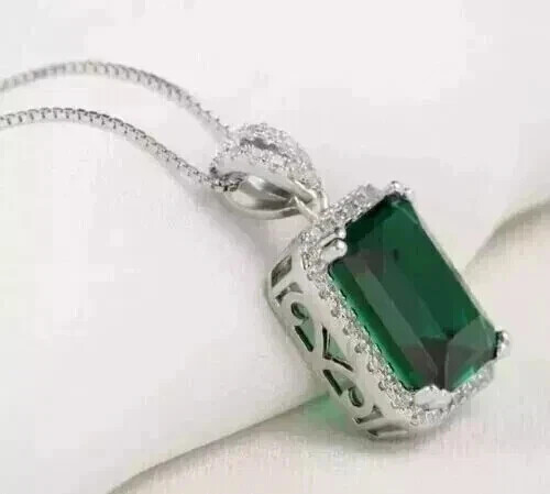 Natural Green Emerald 4.00Ct Emerald Cut Women’s Halo Pendant White Gold Plated