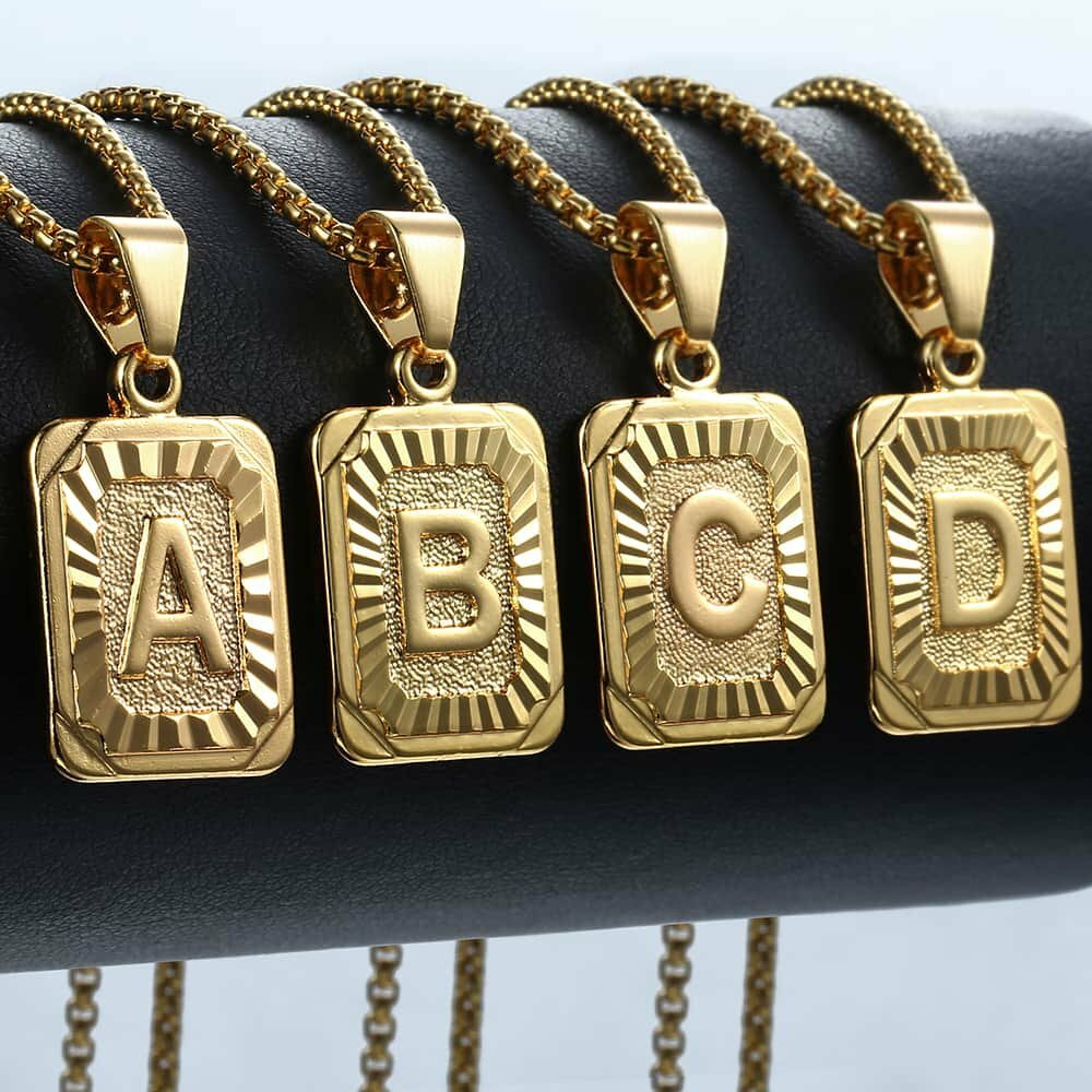 Yellow Gold Plated Stainless Steel Initial Letter A-Z Pendant Necklace Box Chain