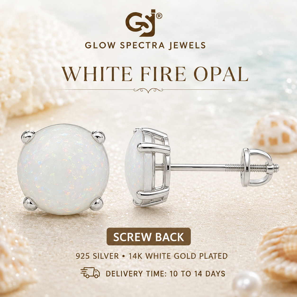 2CT Solitaire Lab Created Fir Opal Stud Erring Screw Back 14k White Gold Plated