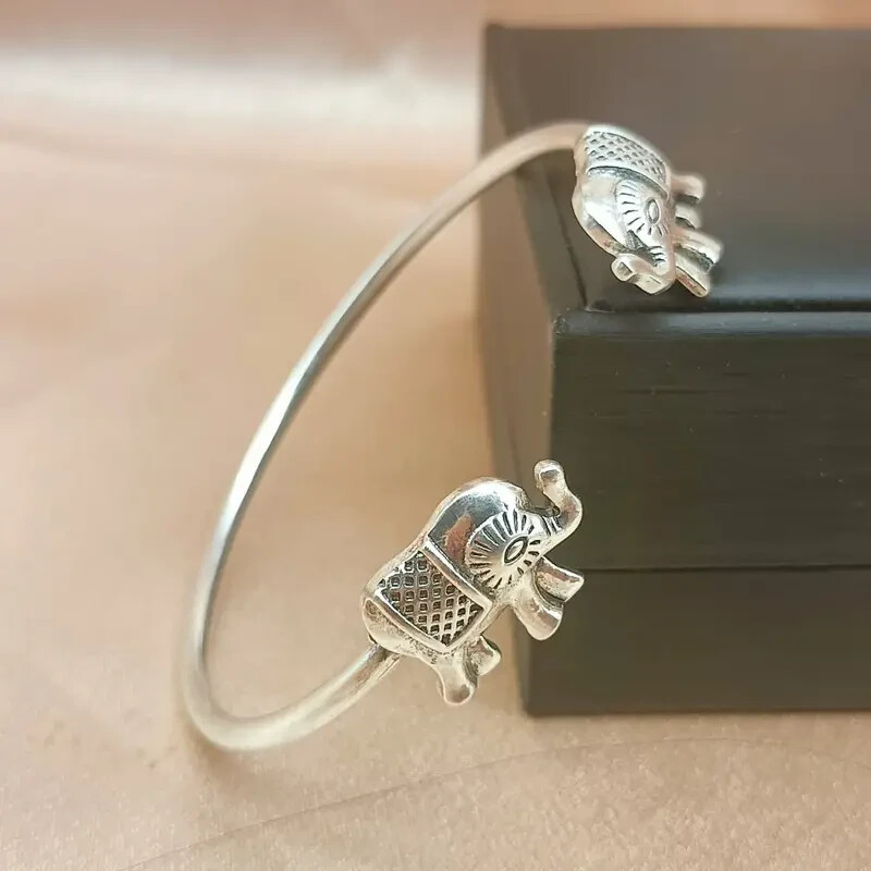 Boho 925 Sterling Silver Vintage Tibetan Tibet Elephant Bracelet Bangle Cuff