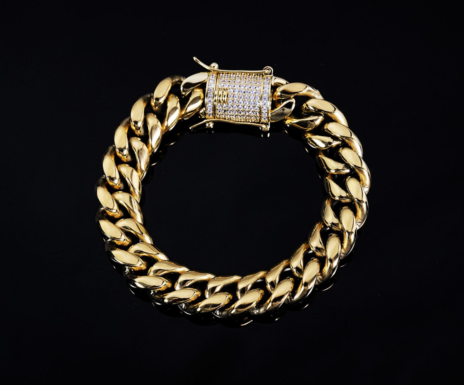 14K Gold Plated Chain CZ Clasp Stainless Steel Miami Cuban Link Bracelet 6-14MM