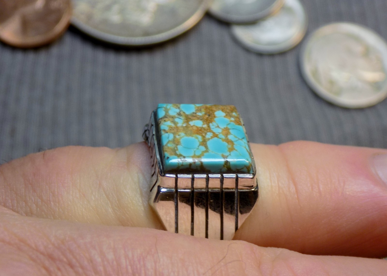 Mens Ring Sterling # 8 Turquoise stone Navajo Trevor Jack Size 9 3/4