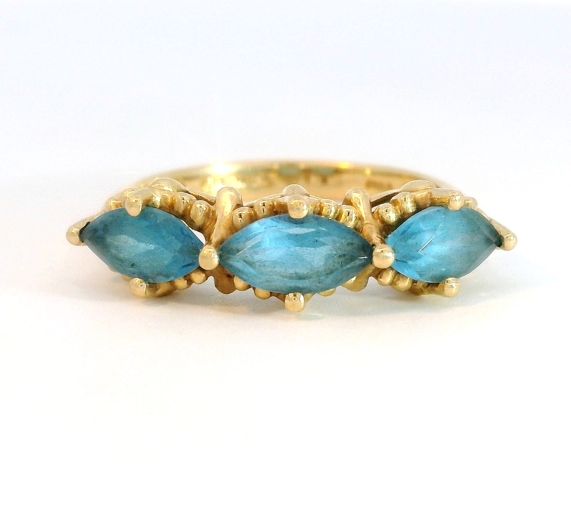 10k Yellow Gold Marquise Blue Topaz Ring Size 7.75 Vintage Estate Jewelry