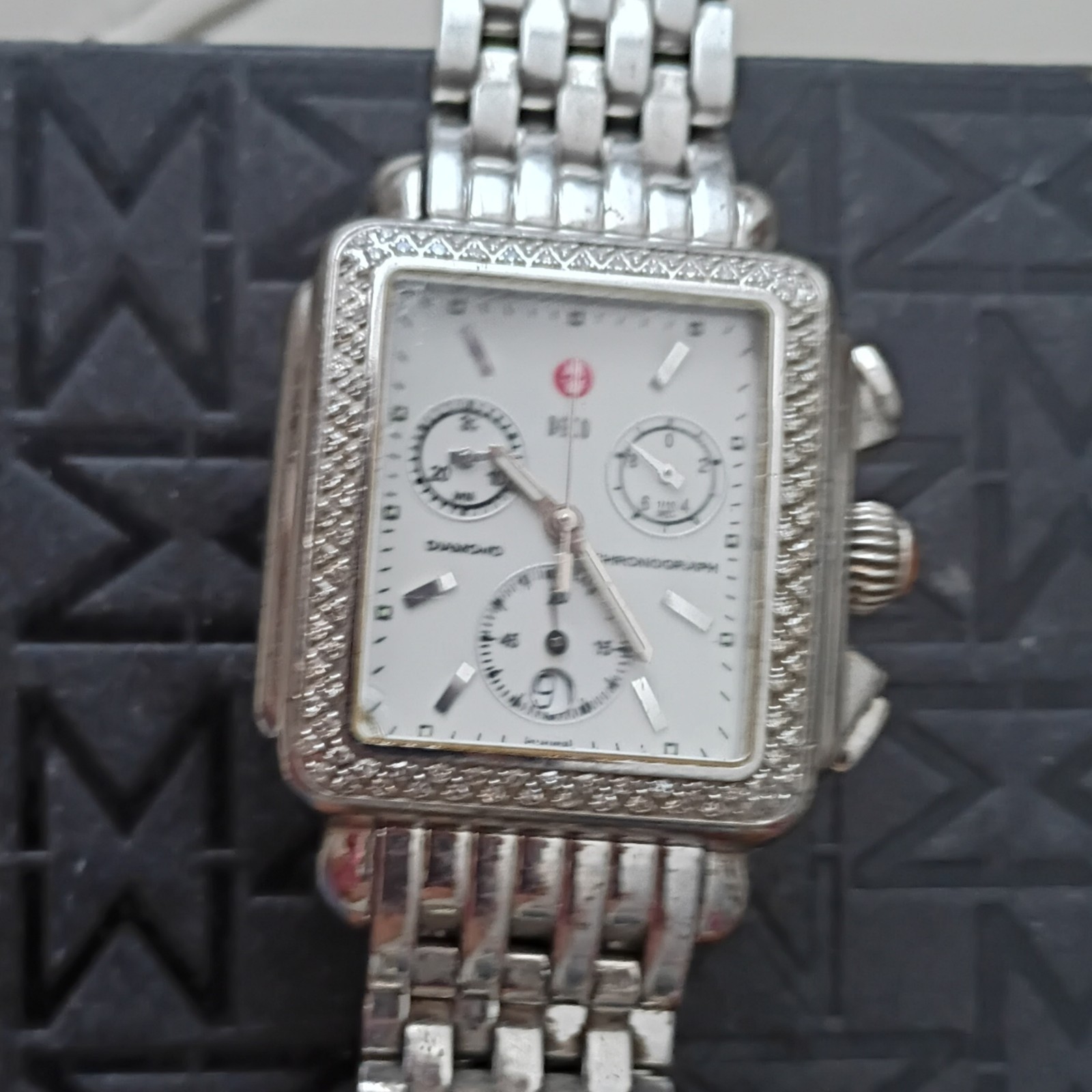 MICHELE Deco Diamond Bezel Chronograph Quartz White Dial 5 ATM SS Bracelet