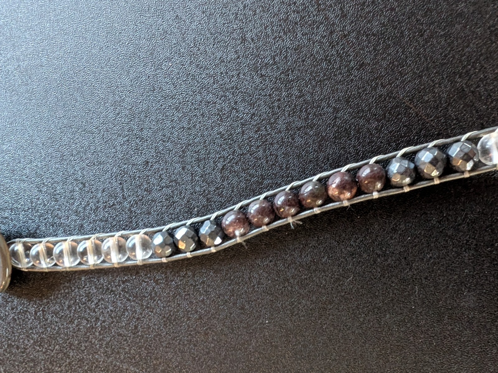 Brown & Silver Tone Beaded Choker Cord Chain Button Closure Adjustable 7″
