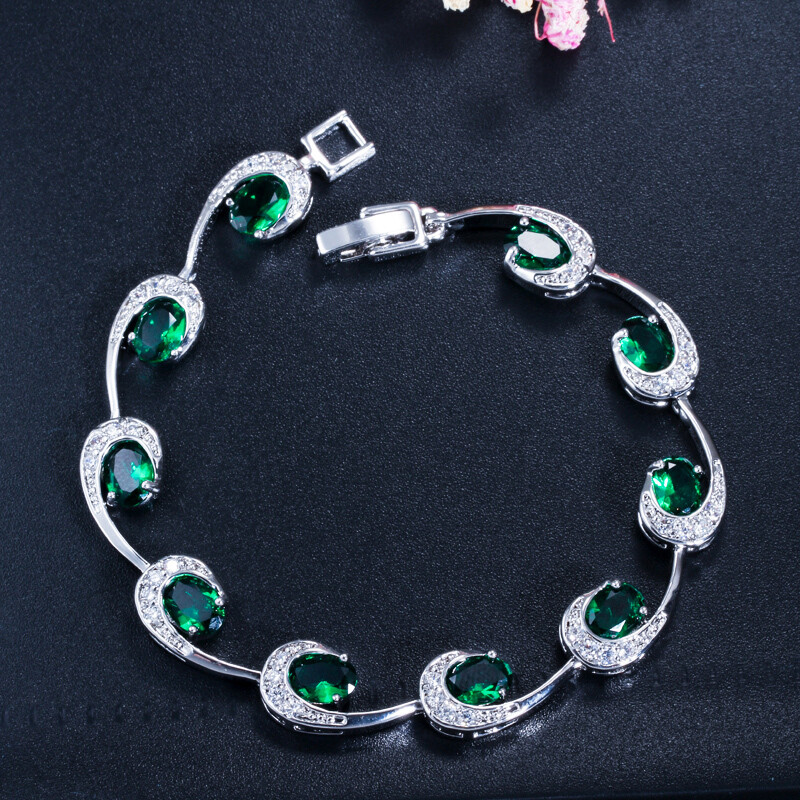 Silver Plated Multicolor Cubic Zircon Oval Charms Bracelet Fine Jewelry for Lady