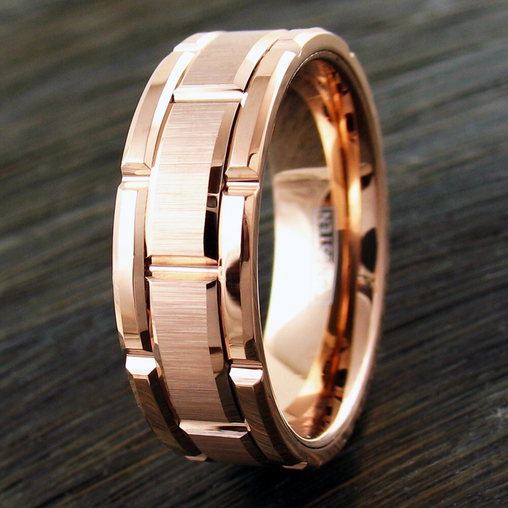 8mm Rose Gold Plated Tungsten Men’s Ring Brushed Grooved Wedding Band-Engraving