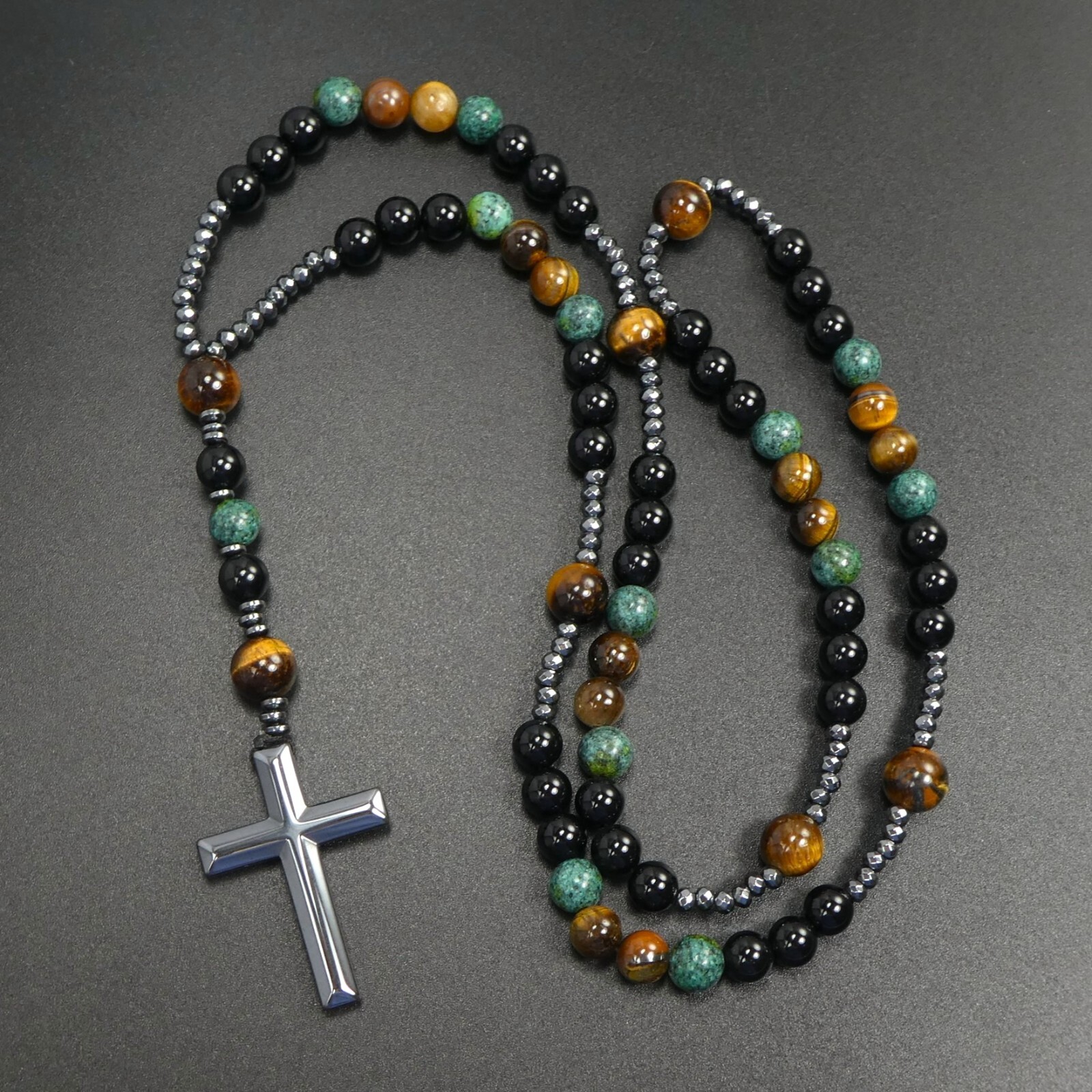 Black Obsidian Tiger Eye African Turquoise Black Hematite Cross Rosary Necklace
