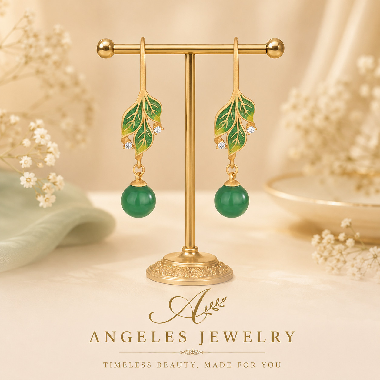 Green Jade Drop Dangle Earrings Boho Gemstone Leaf Design Hook 18K Gold Plated