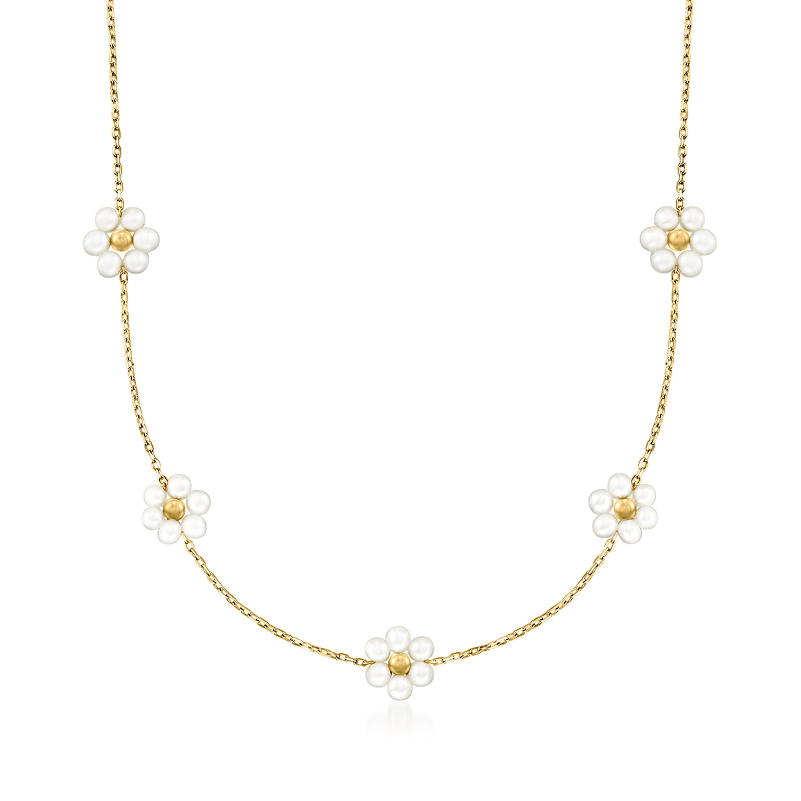 Ross-Simons 3-3.5mm Cultured Pearl Flower Station Necklace in 14kt Yellow Gold