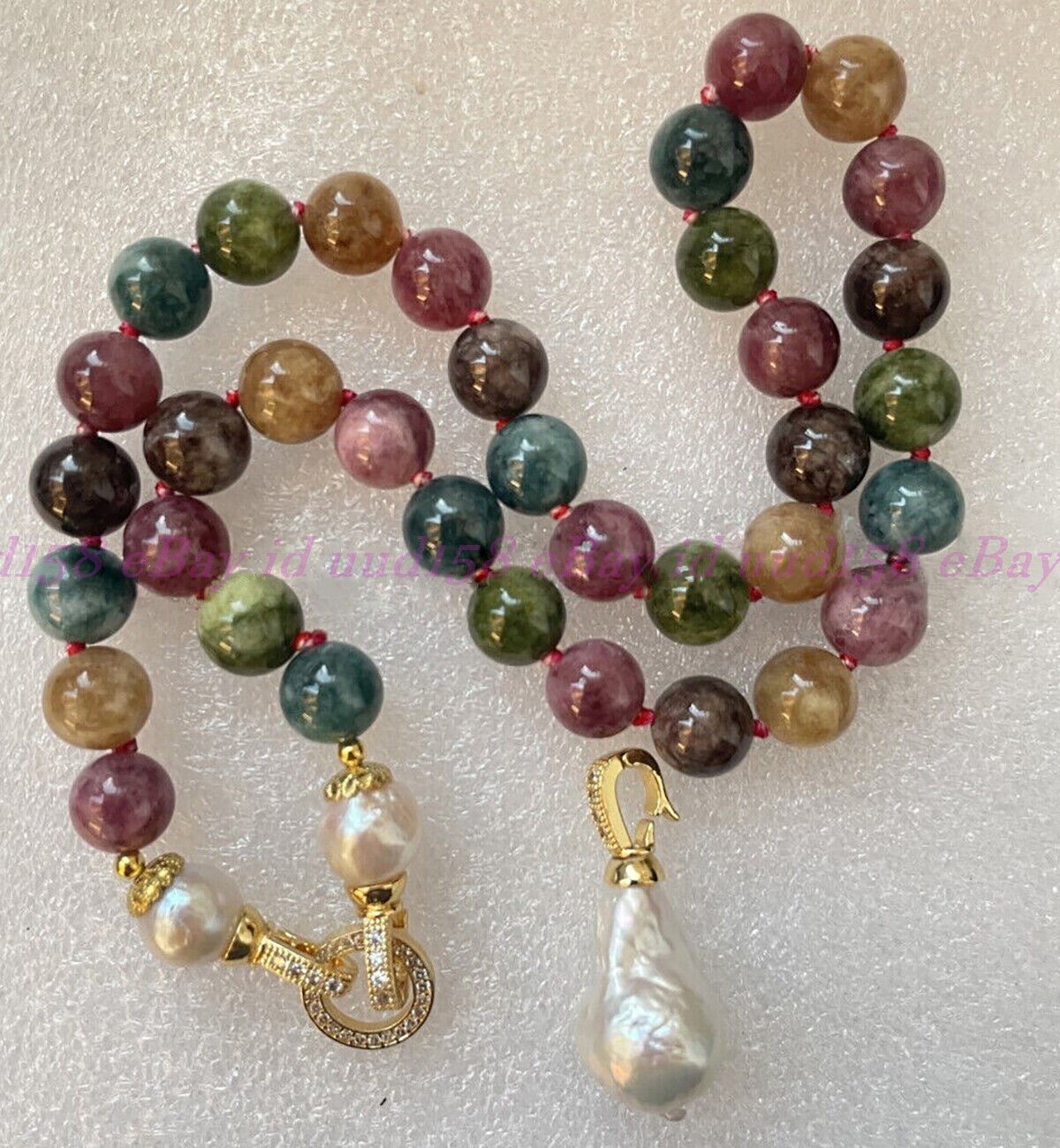 Multicolor Tourmaline Round Gemstone White Keshi Baroque Pearl Pendant Necklace