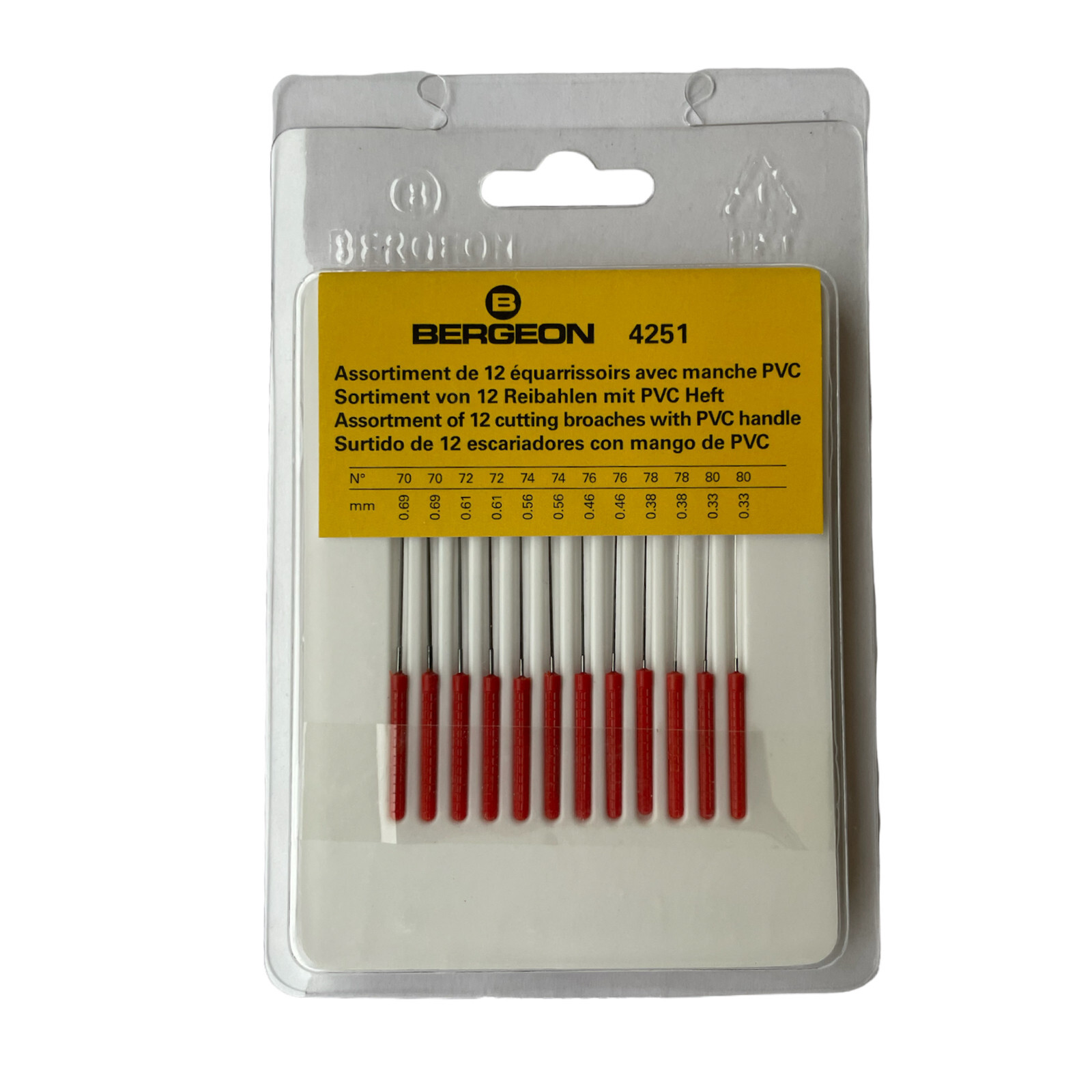 Bergeon 4251 Set of 12 Cutting Broaches with Handles – 0.33mm to 0.69mm, Swiss