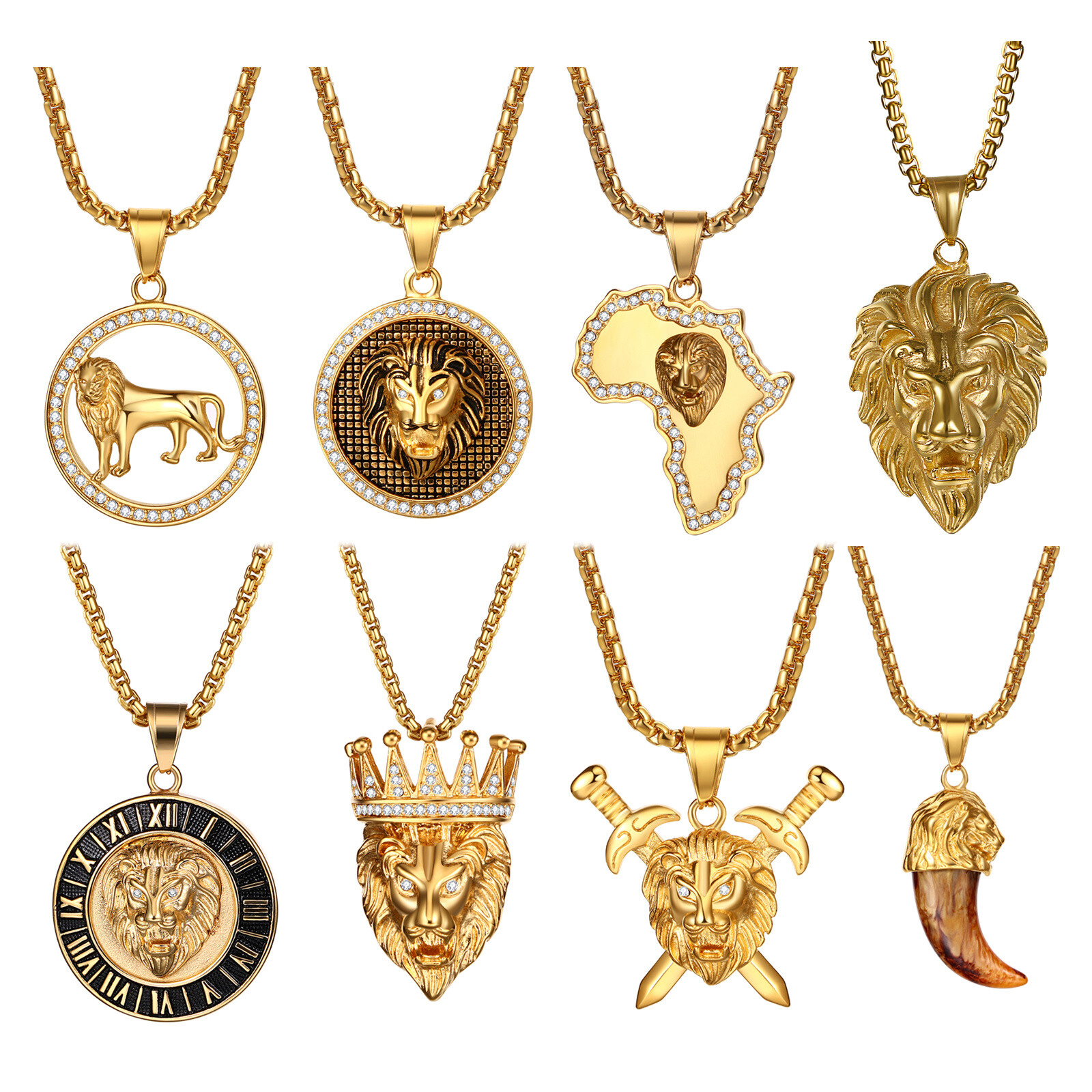 Mens Boys Hip Hop Gold Tone Lion Head Stainless Steel Pendant Necklace Chain 22″