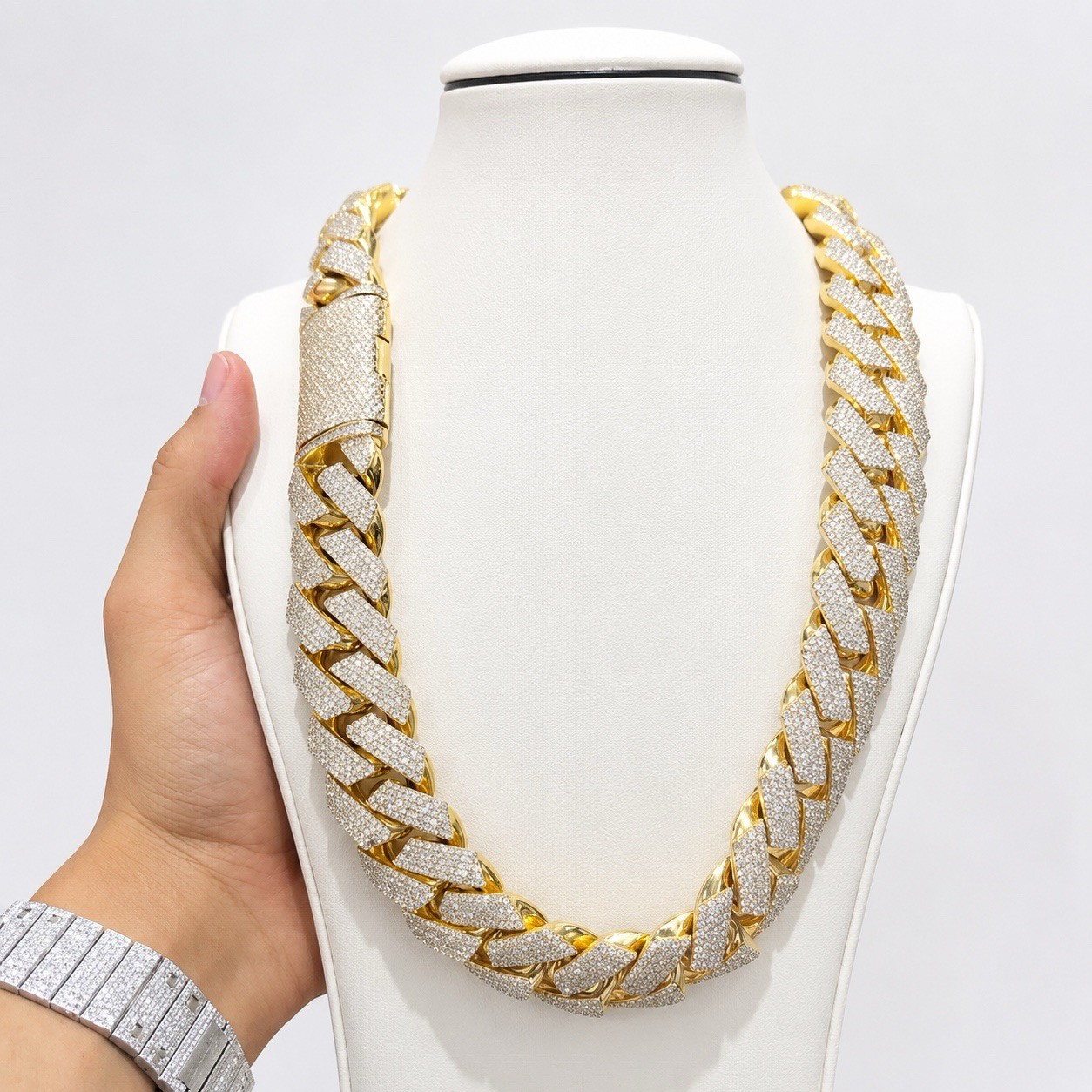 10Ct Moissanite 20mmx24 in Cuban Necklace Chain Link 14K Yellow Gold Plated 925
