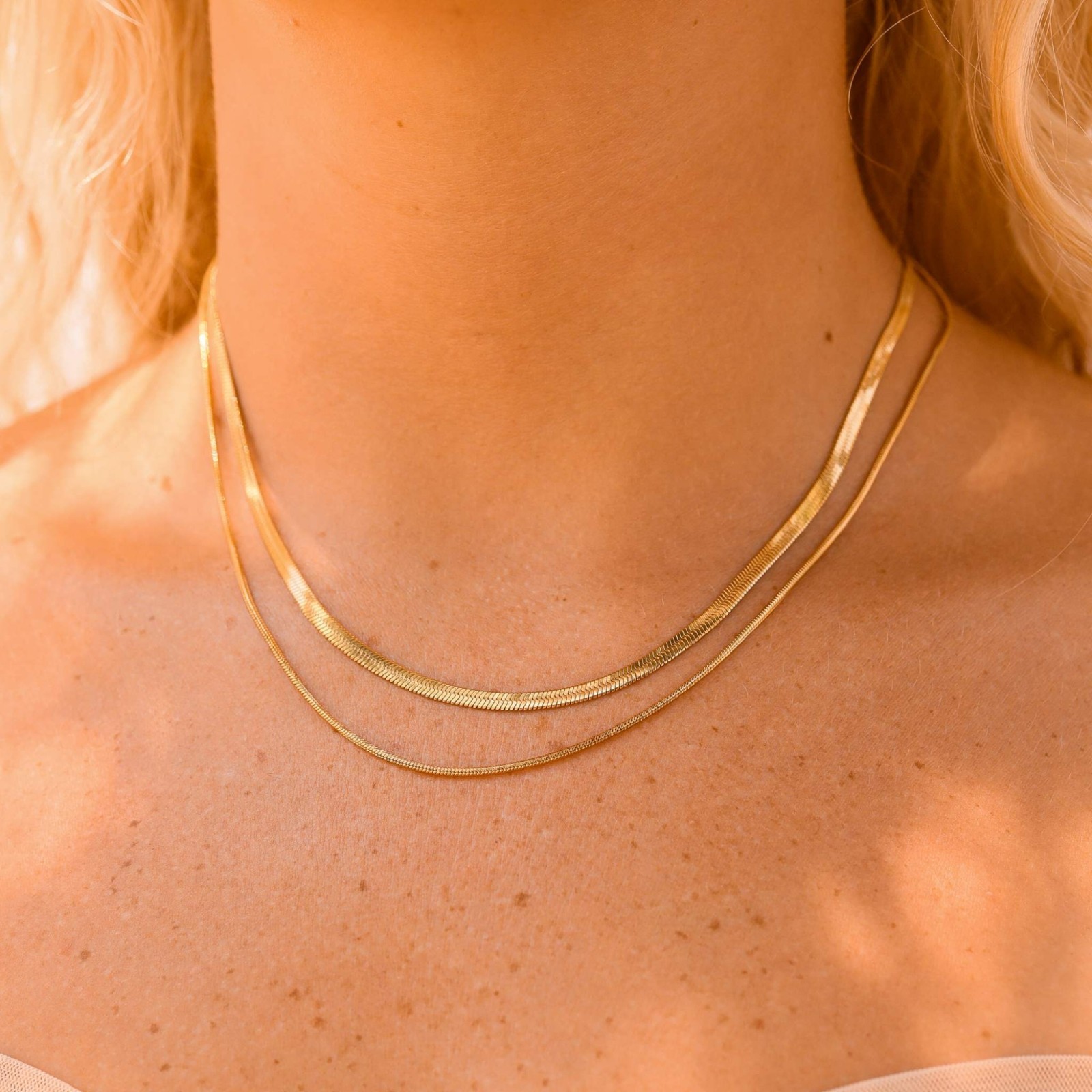 18K Gold PVD Layered Necklace Herringbone Snake Chain Waterproof Tarnish Free