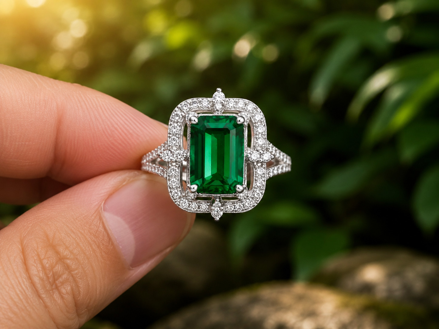 3Ct Emerald Cut Lab Created Green Emerald Halo Engagement 14K White Gold Plated