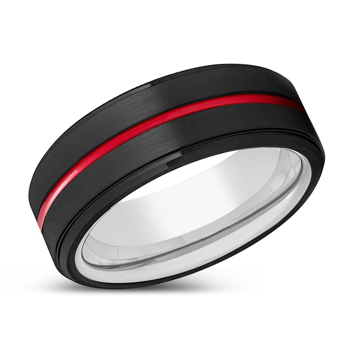 SHORTY | Silver Ring, Black Tungsten Ring, Red Groove, Stepped Edge
