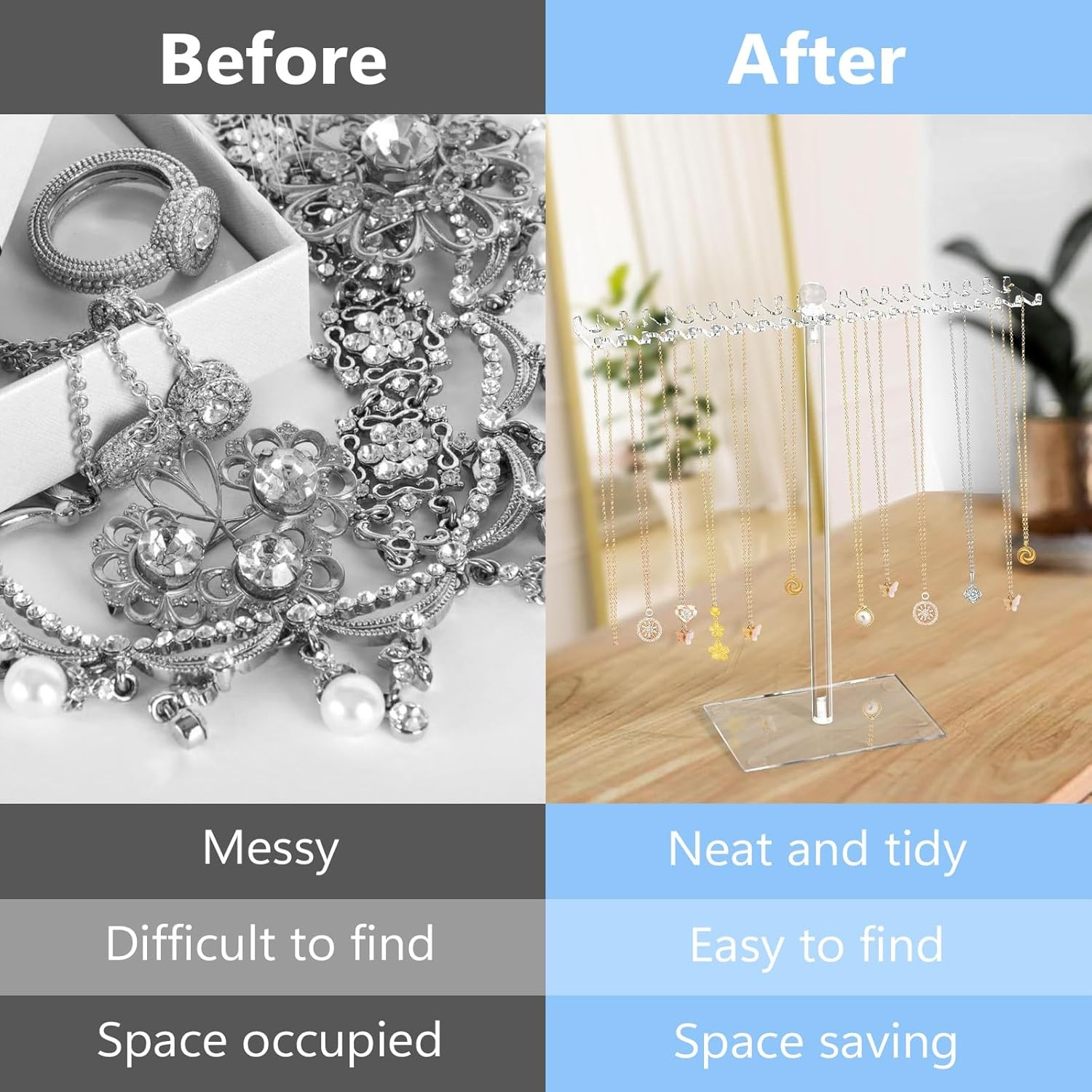 Jewelry Stand, Acrylic Necklace Holder, Clear Jewelry Organizer with Bilateral H