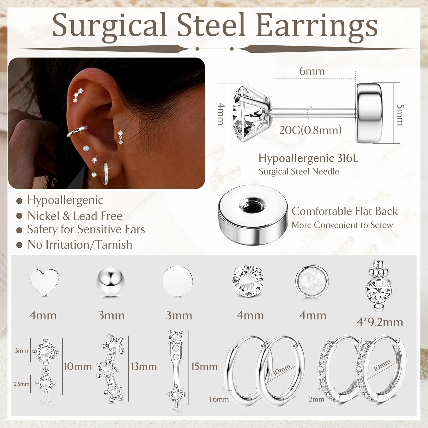 Hypoallergenic Flat Back Earrings for Women Trendy 20G Surgical Stainless Steel