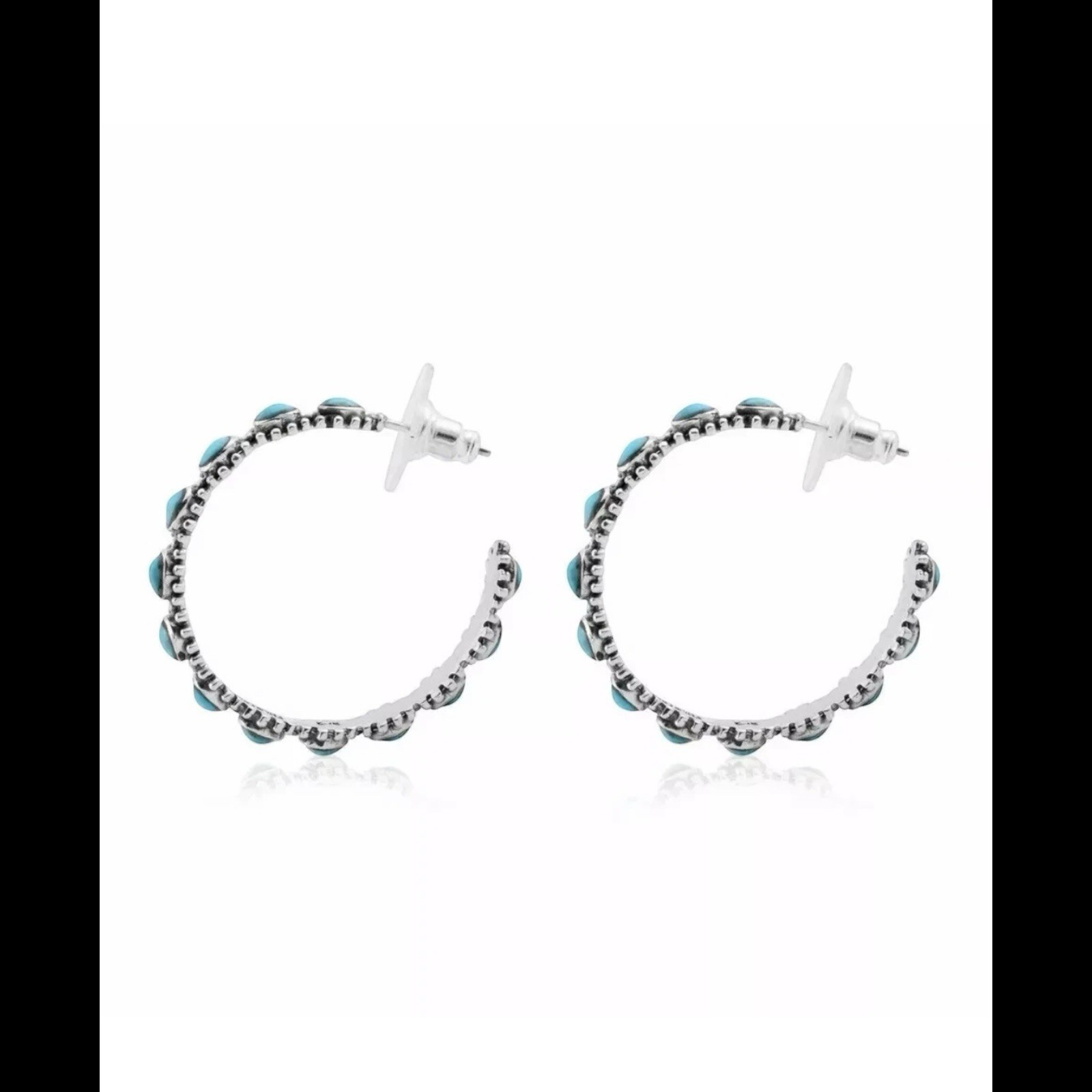 Silver Turquoise Loop Hoop Earrings Bohemian Western Costume Jewelry 2″ A16