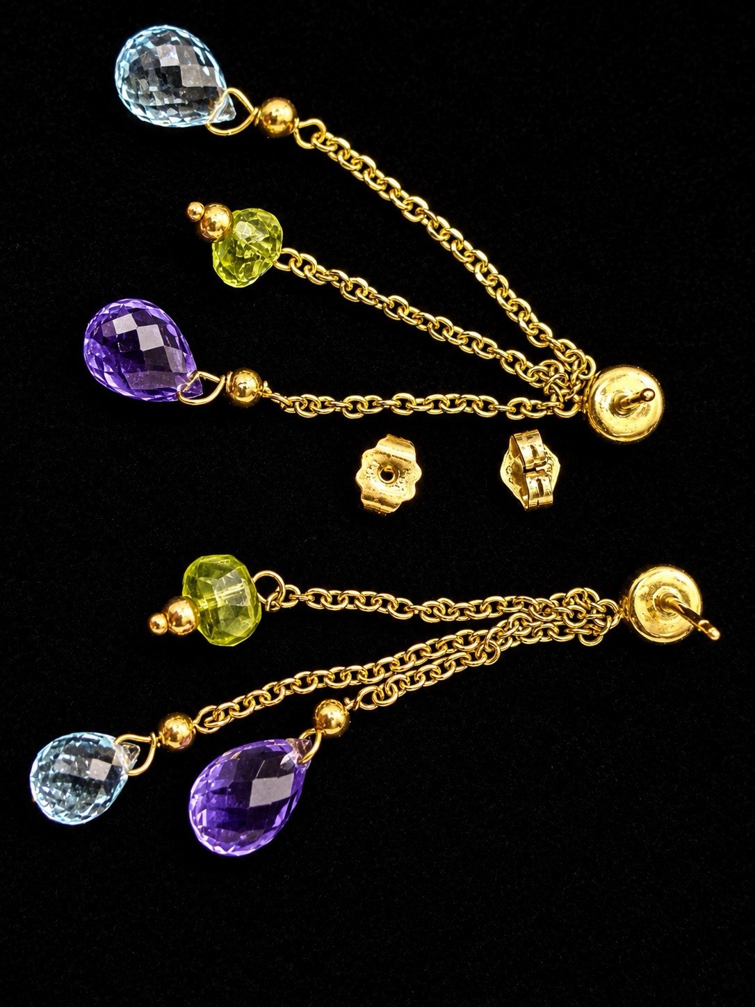 Vintage 14K Gold Yellow Blue Topaz, Amethyst, Peridot Dangle Earrings 5.5 CT