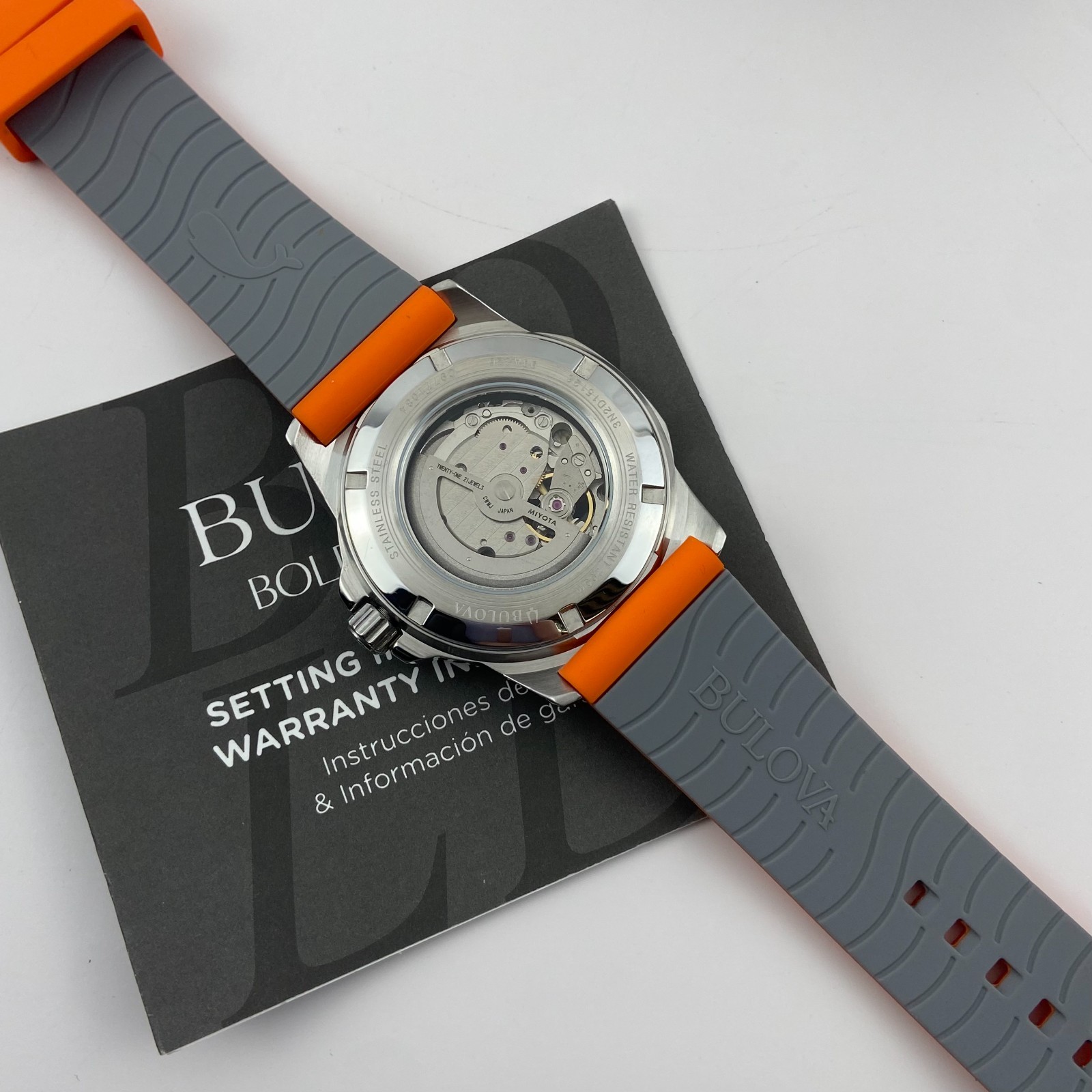 Bulova Marine Star 98A226 Automatic Watch White Dial Orange Rubber Strap 45mm