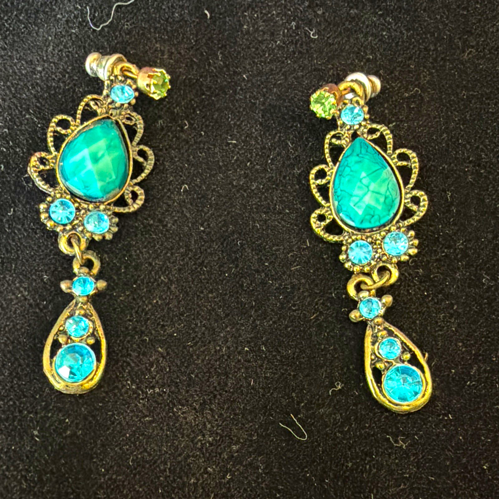 Gold Tone Brass, Blue Crystal Teardrop Dangle Screw Back Earrings