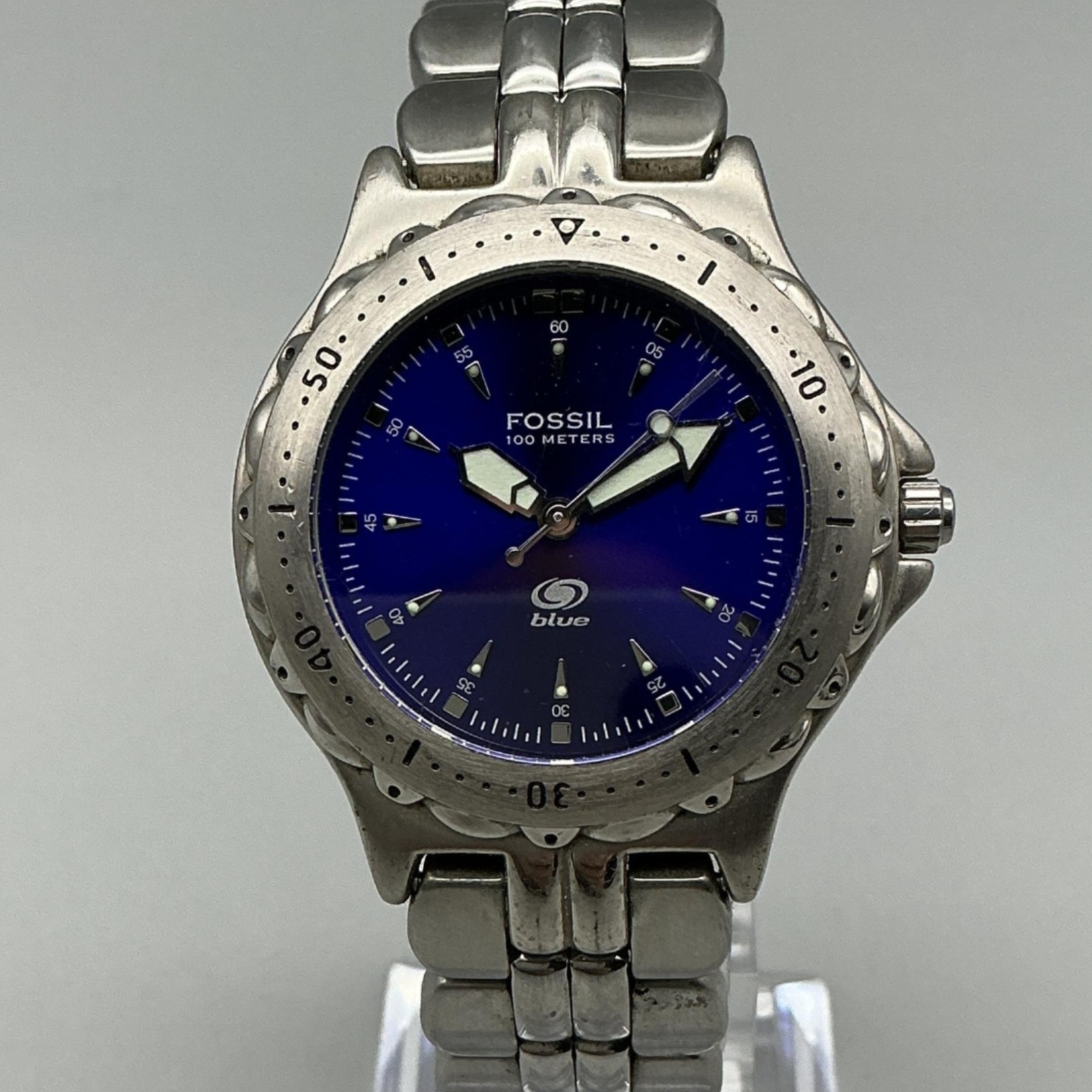 Fossil Mens Watch 35mm Blue Dial Diver AM-3715 Stainless Steel New Battery 6.75″
