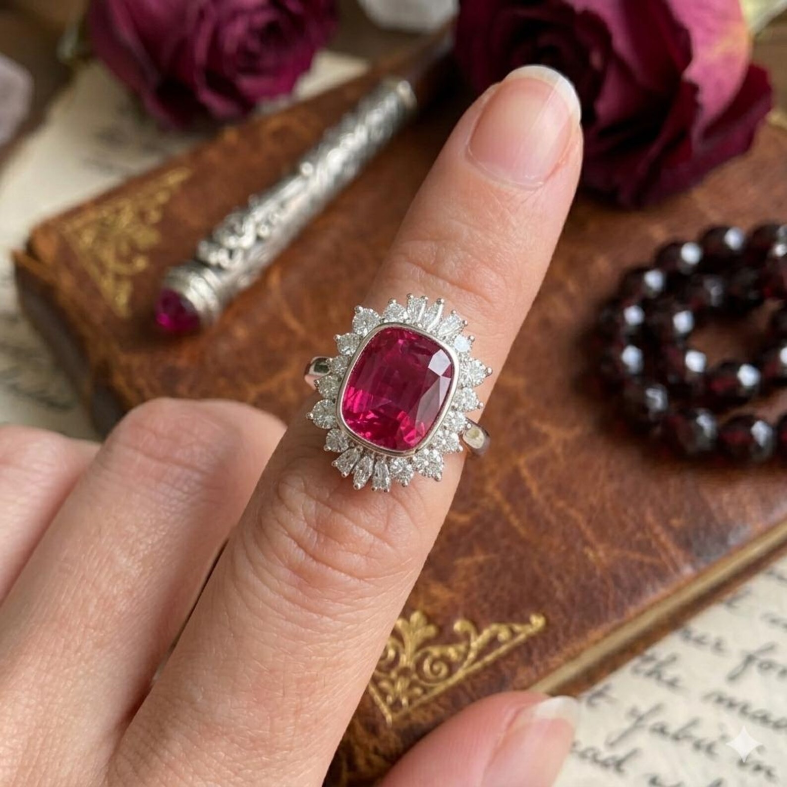 4.72 Ct Cushion Cut Natural Ruby Diamond Engagement Ring 14K Solid White Gold 5