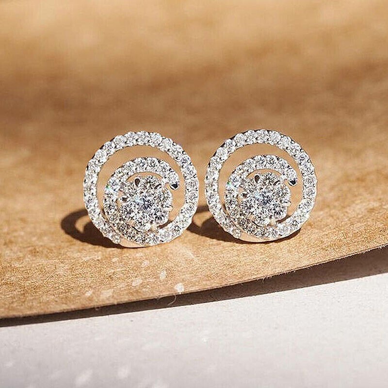 Round Cut Simulated Diamond Cluster Pretty Stud Earrings 14K White Gold Plated