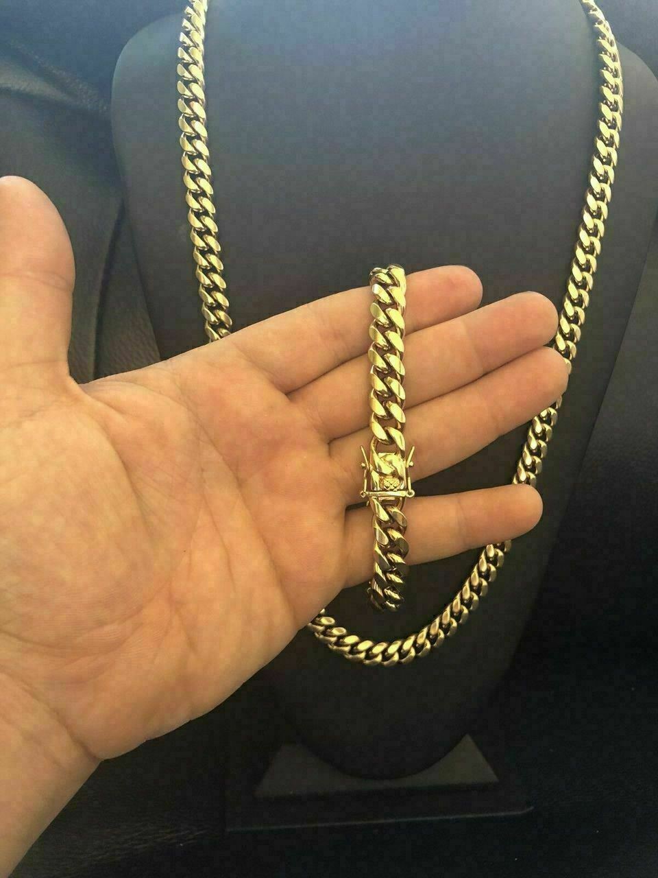 Pulsera y Cadena Cubana Para Hombre 10mm Baño De Oro 14k Sobre Acero Inoxidable
