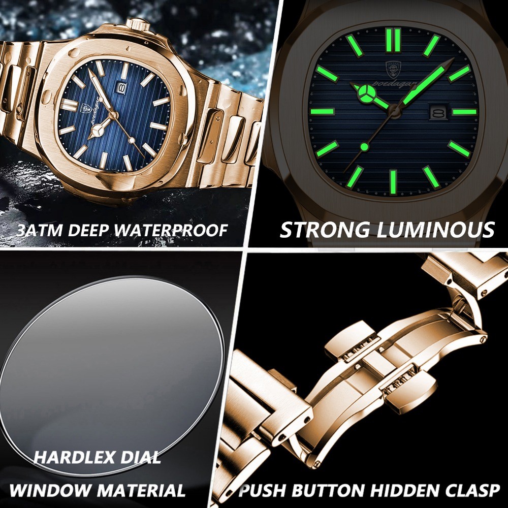 POEDAGAR Square Men Waterproof Luminous Date Stainless Steel Quartz Watch