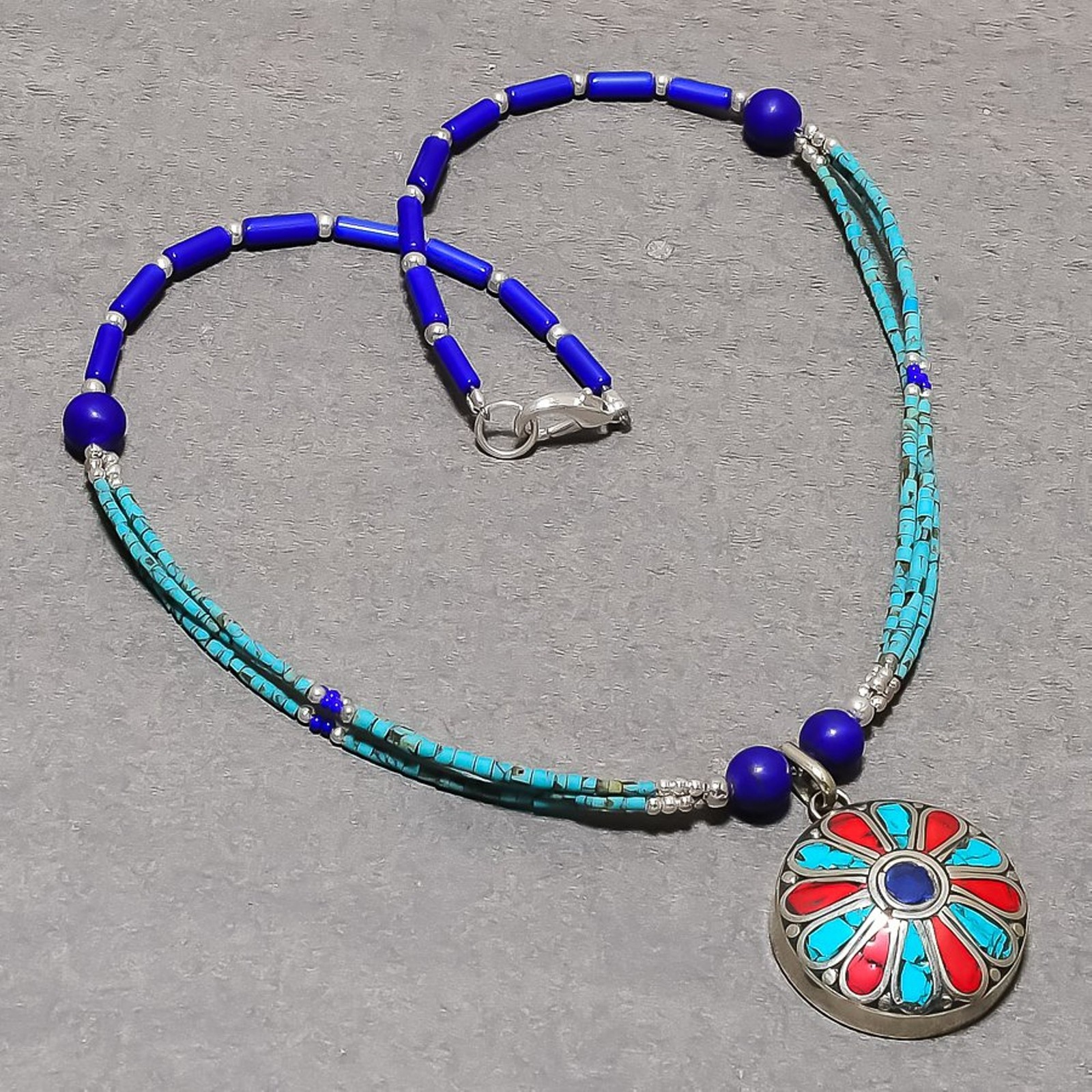 Lapis lazuli Turquoise Coral Handmade Necklace Nepali Beaded Jewelry 18″ NA 789