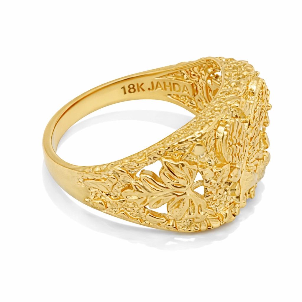 Solid 18K Yellow Gold Large Eagle Leaf Mens Nugget Ring, Size 5 – 15