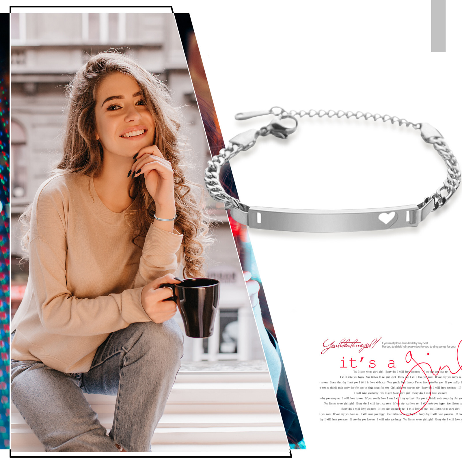 Personalized Love Heart Figaro Link Chain Bracelet Engraved Custom for Men Women