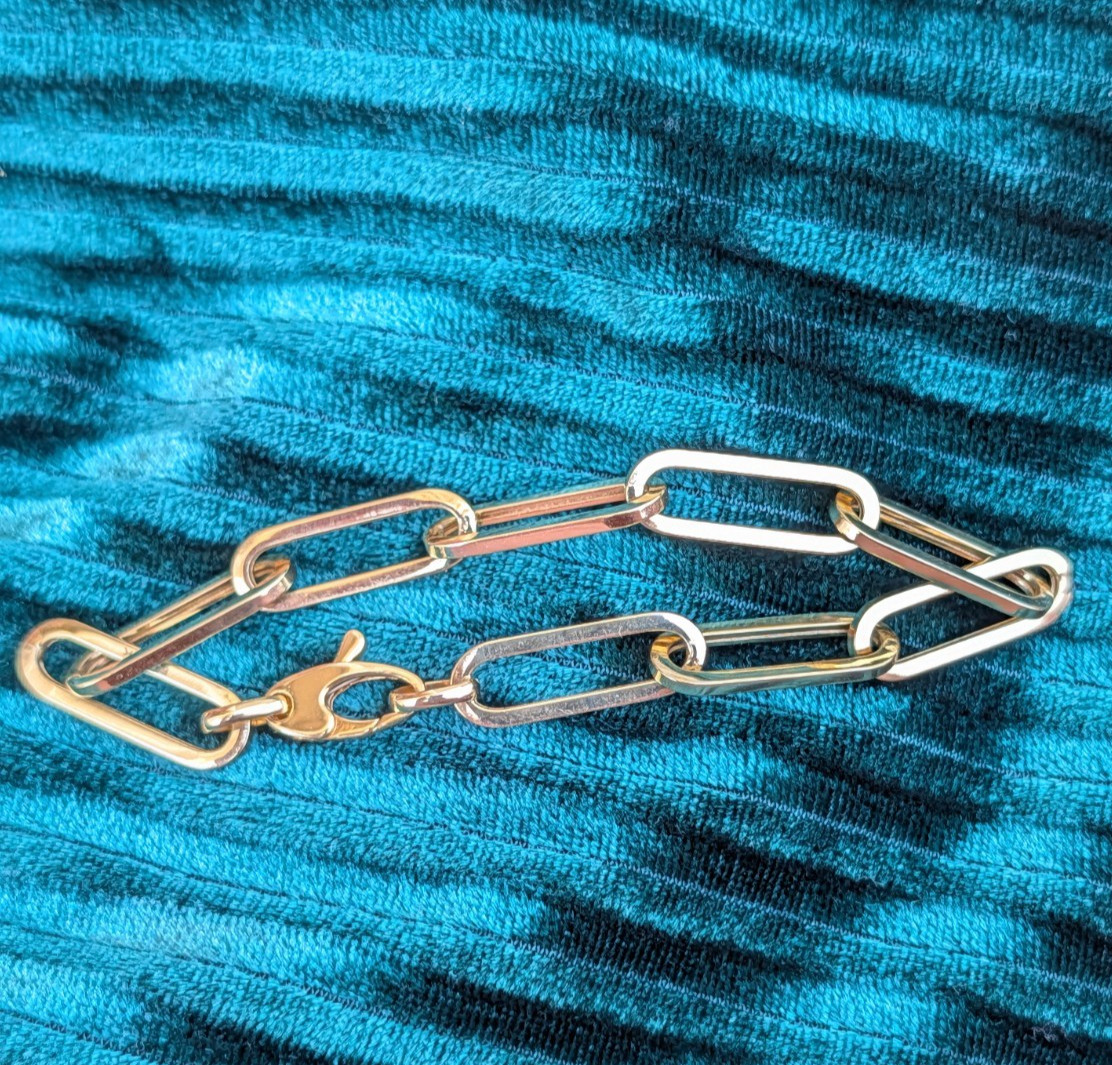 14k Yellow Gold Hollow Paperclip Link Bracelet 7″ 5.31g Never Worn Lobster Clasp