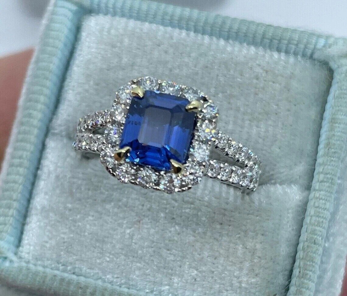 2Ct Emerald Cut Lab-Created Sapphire Halo Engagement Ring 14K White Gold Plated